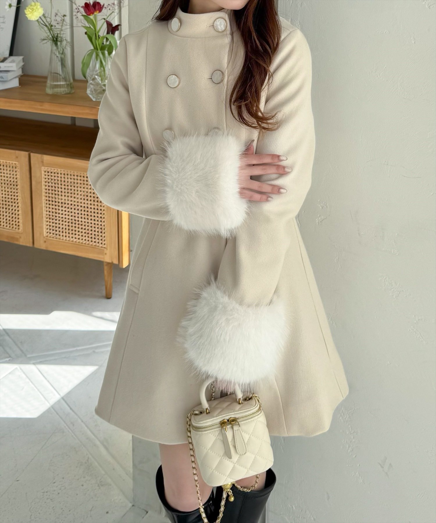 clear｜ミドル丈ダブルボタンファー付きコート | Rakuten Fashion(楽天