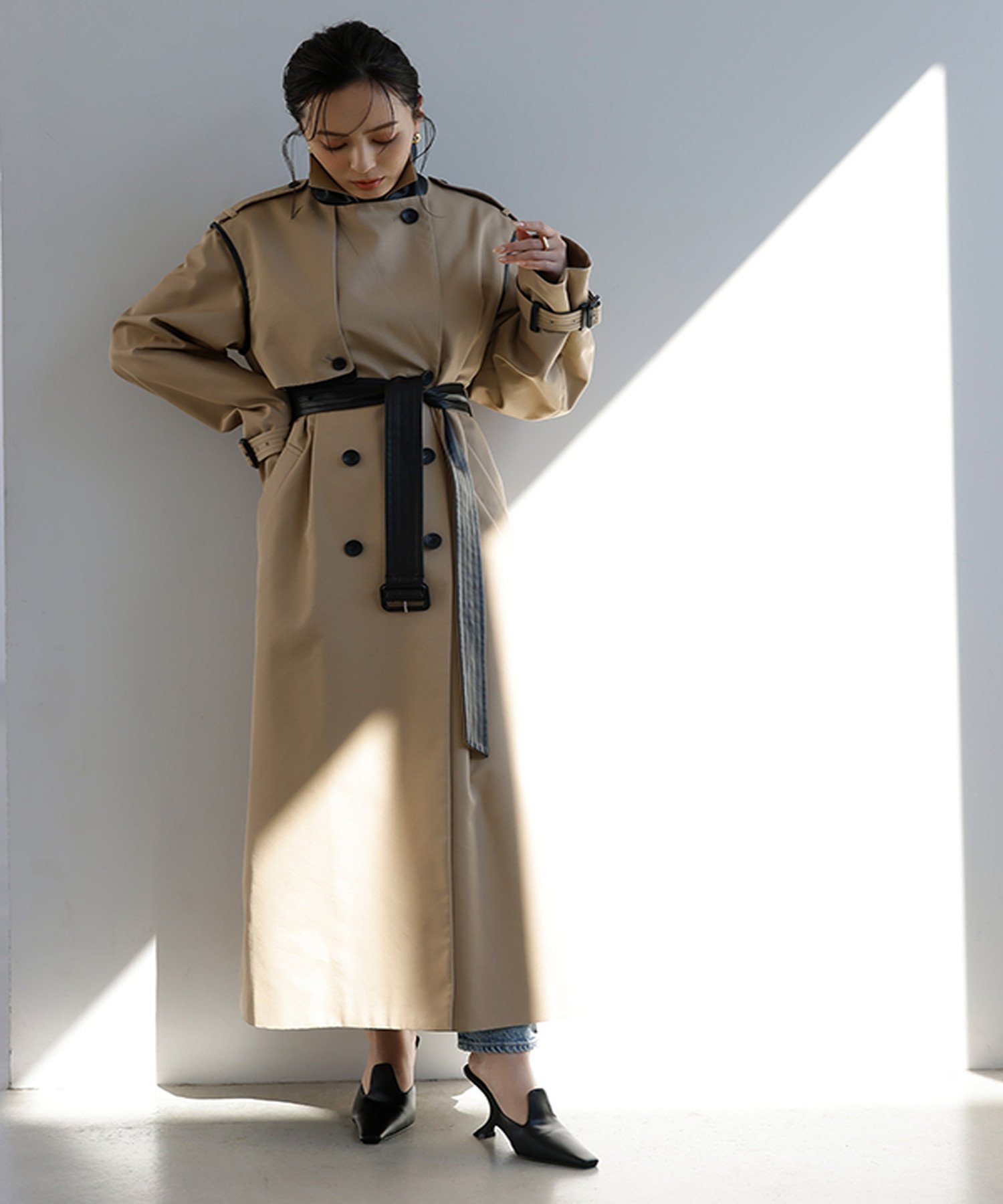 anuans｜ヴィーガンレザートリム2WAYトレンチコート | Rakuten Fashion