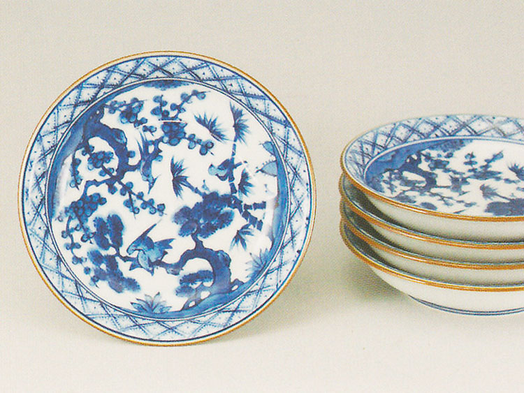 希少 源右衛門窯 青と白の波模様 八角形陶器皿 木箱付き 希少 源右衛門