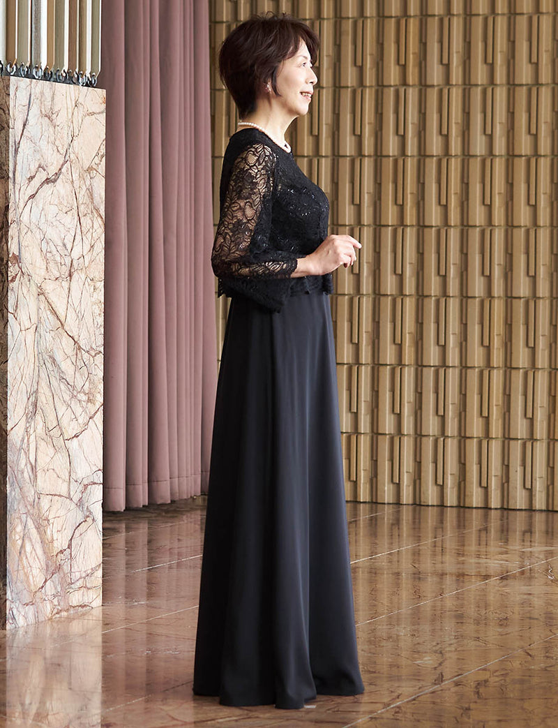 結婚式 母親ドレス 黒レース・マザーズドレス 長袖 MD0408-BK|新郎新婦