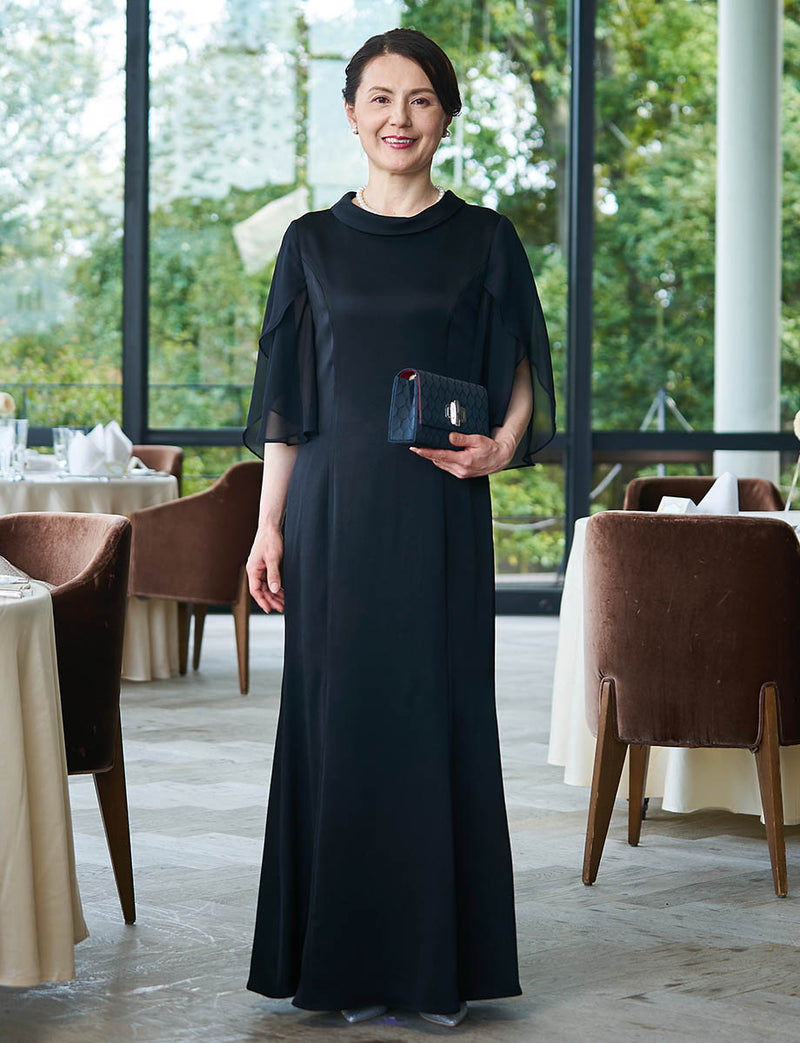 結婚式 母親ドレス 黒・マザーズドレススタンドカラー 袖付き MD0402