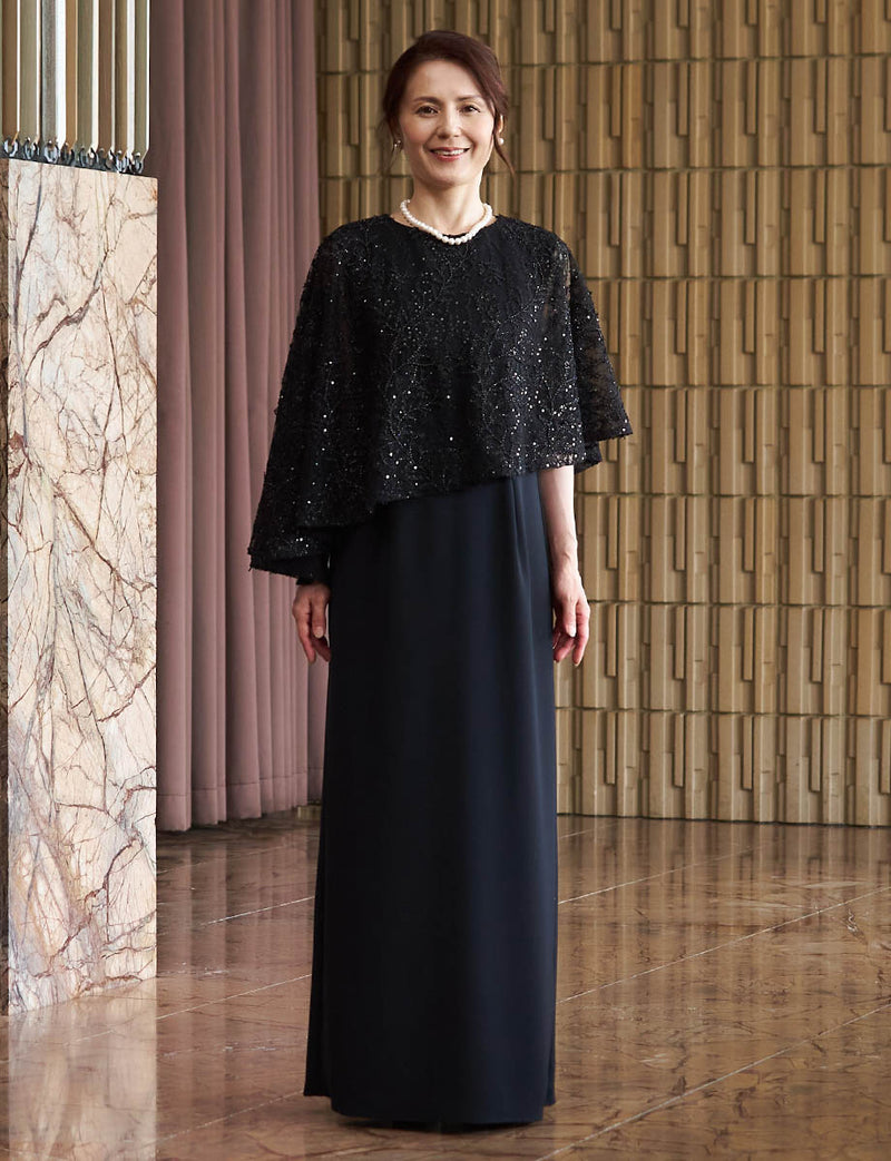 結婚式 母親ドレス ブラック・マザーズドレス ケープ付き MD0502-BK