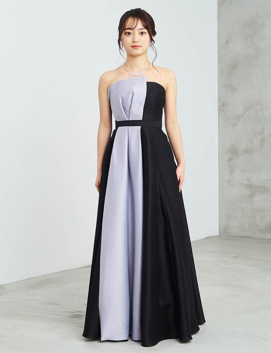 バイカラーロングドレス ベアトップ グレー黒 肩紐付き 発表会・演奏会