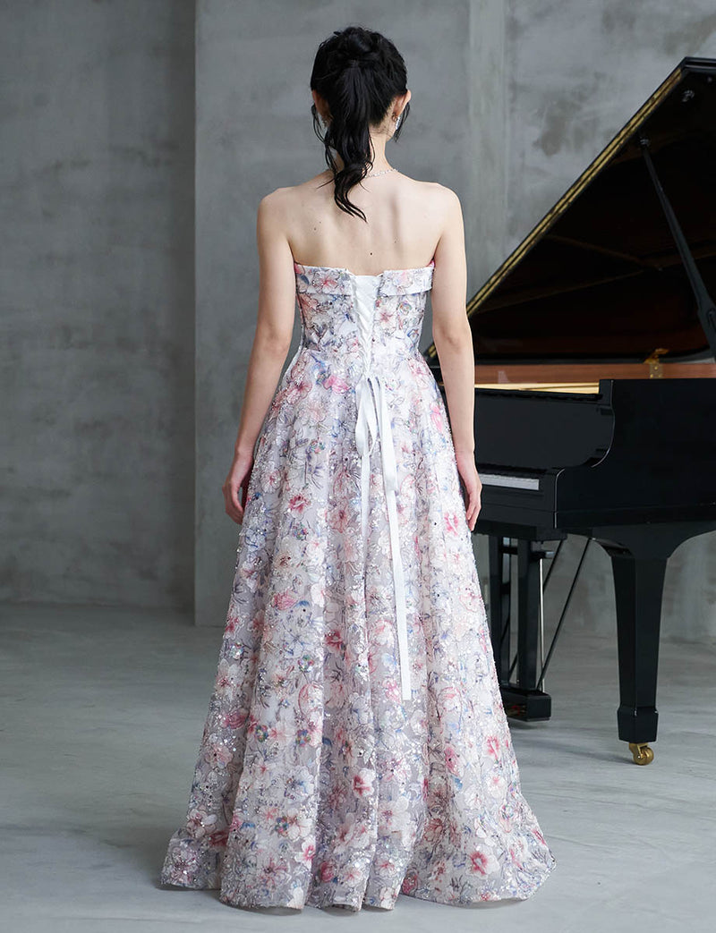 ベアトップロングドレス 花柄レース 演奏会用 アイボリー｜ツイード