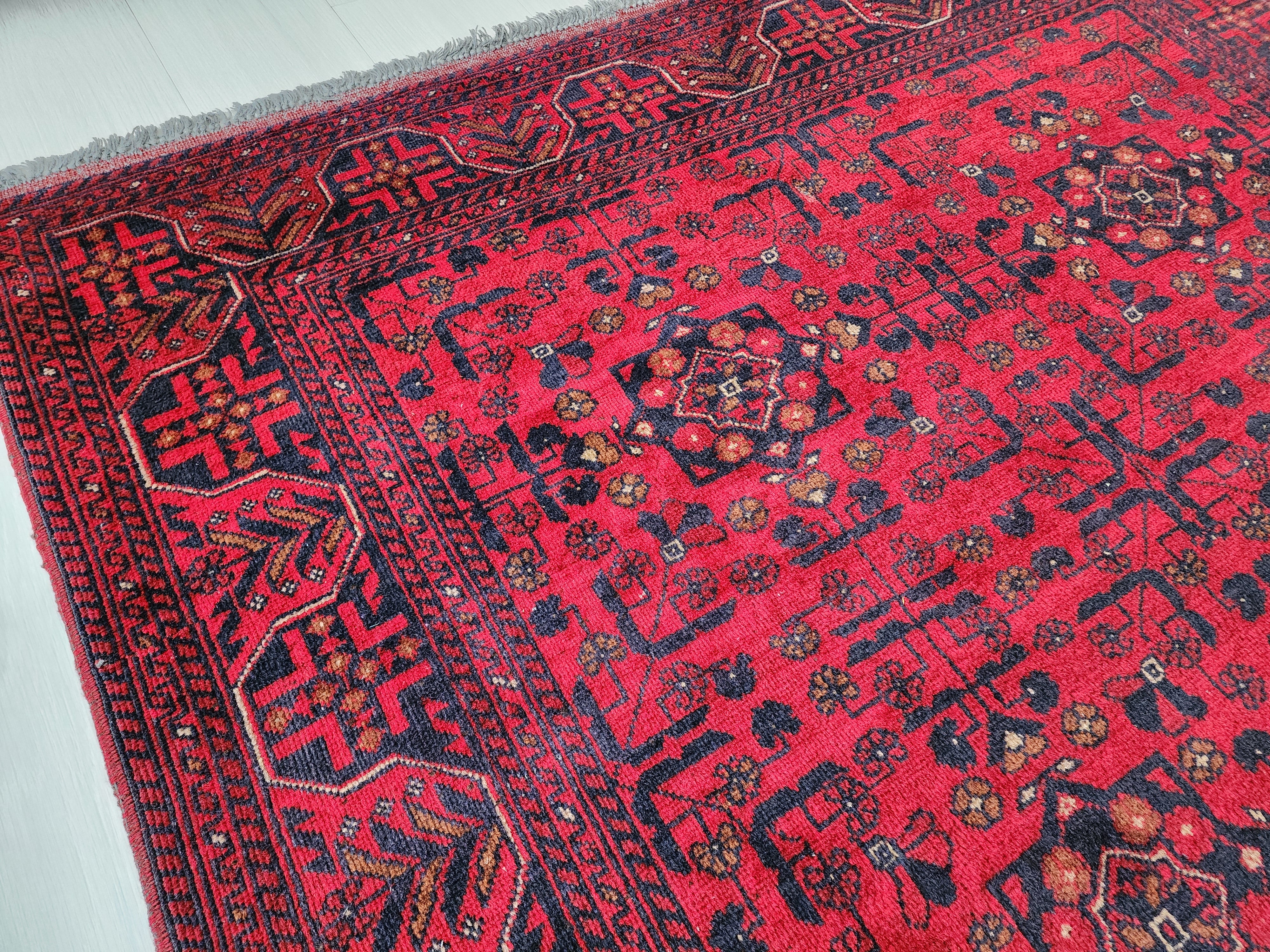 Afghan Khal Mohammadi Rug 6 x 5 ft, Red Blue Handmade Natural Wool Car