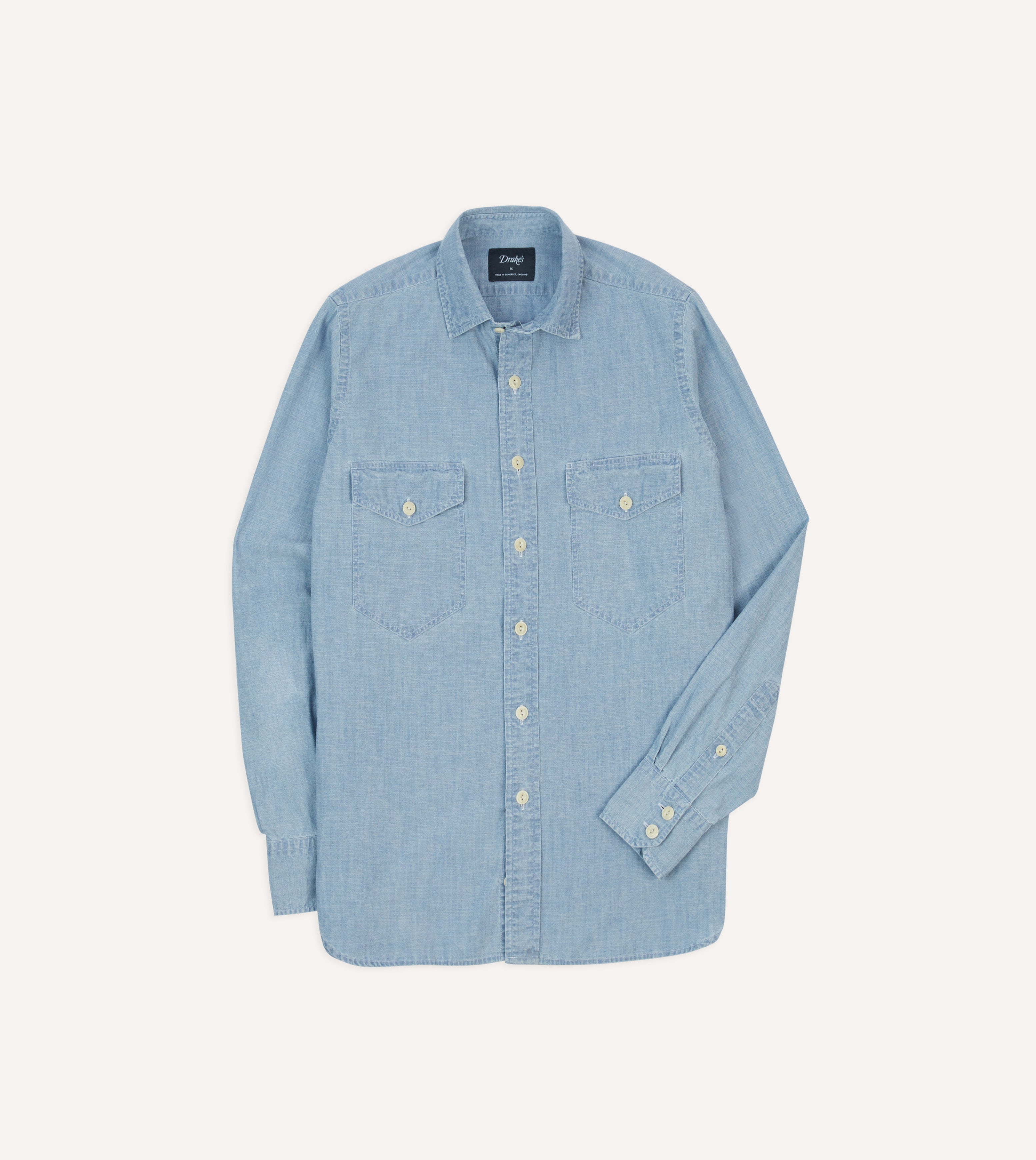 Blue Cotton Chambray Two-Pocket Work Shirt – Drakes US