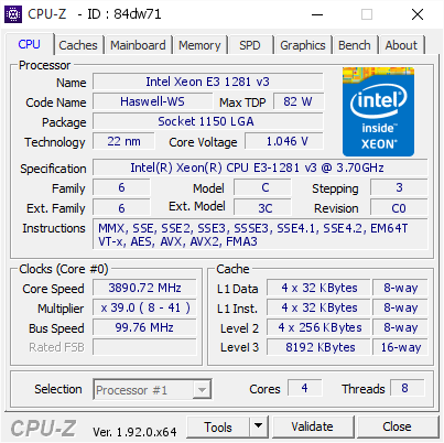 Intel Xeon E3 1281 v3 @ 3890.72 MHz - CPU-Z VALIDATOR