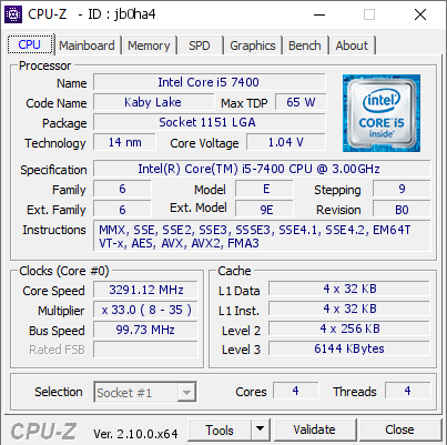 Intel Core i5 7400 @ 3291.12 MHz - CPU-Z VALIDATOR