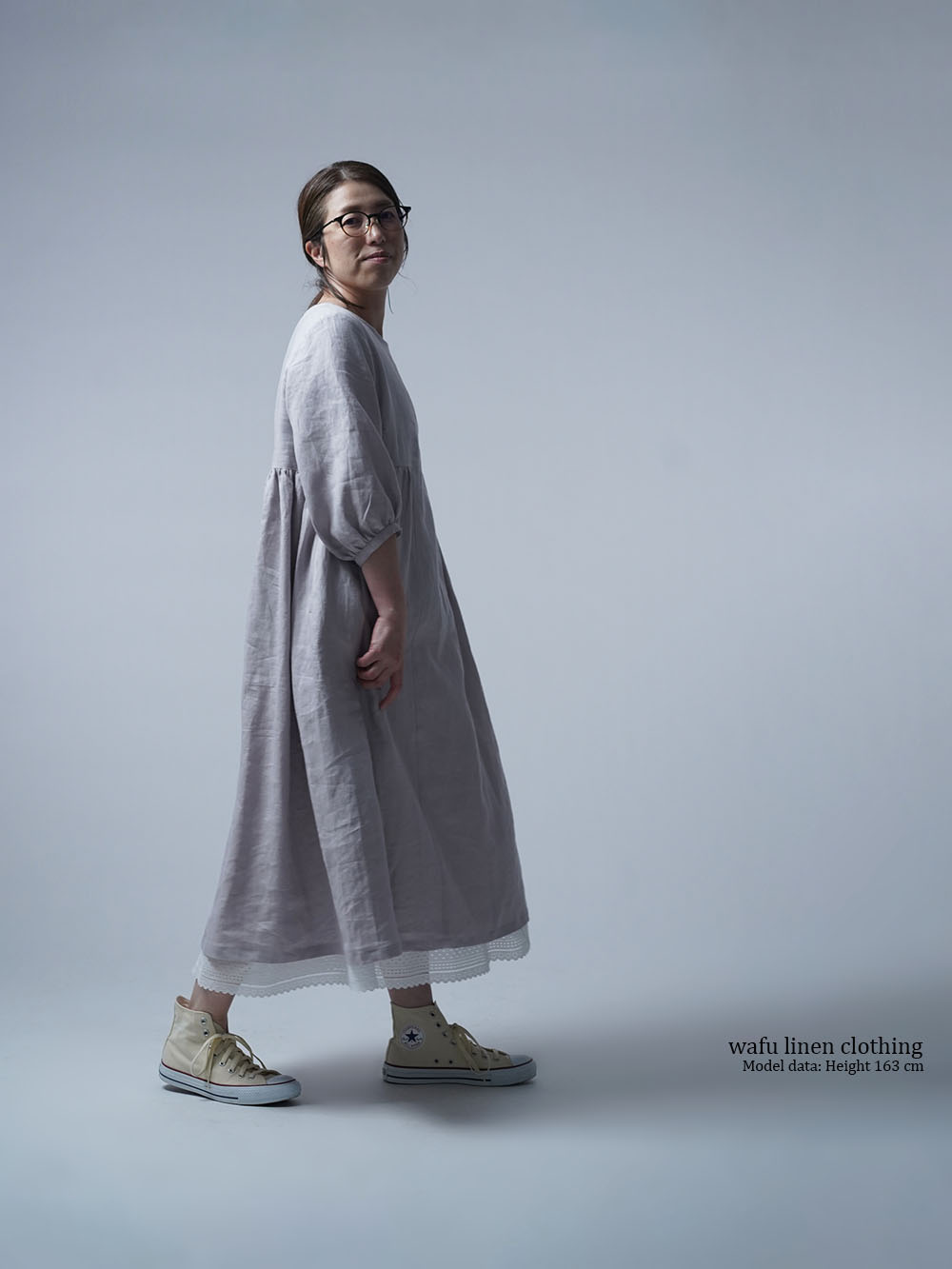 リネンワンピース】からだもよろこぶ ギャザー ドレス / 灰桜(はいざ