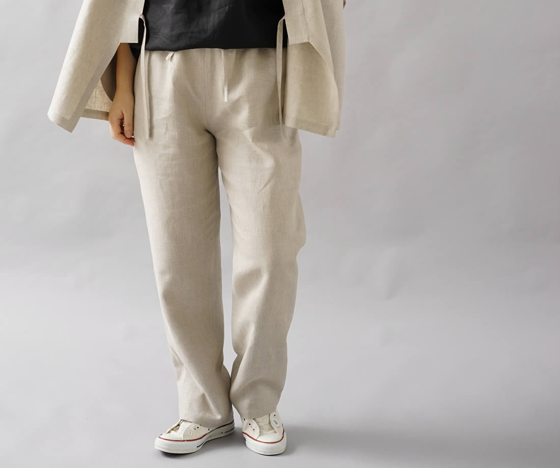 中厚 リネンパンツ 男女兼用 リネン ボトムス ウエストゴム & 内側紐