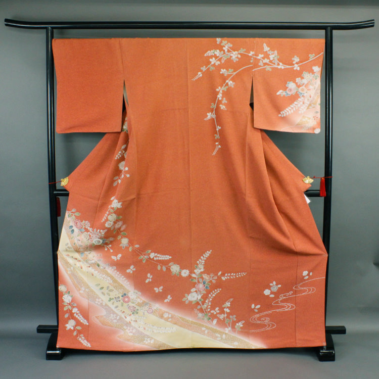 訪問着 オレンジ色に辻が花 たたき染め 京都 着物 レンタル｜和凛