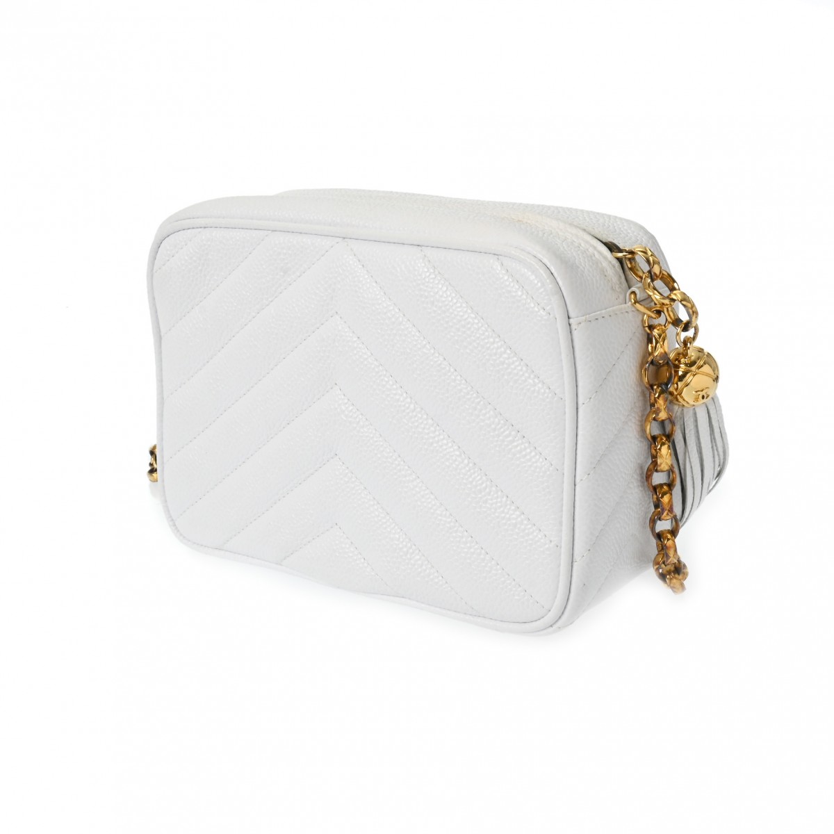 シャネル Vステッチ フリンジ チェーンショルダー ホワイト キャビア