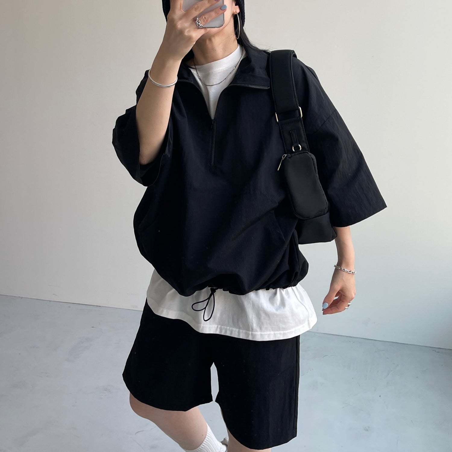 over size half zip nylon po / black | wee9s | ウィークス