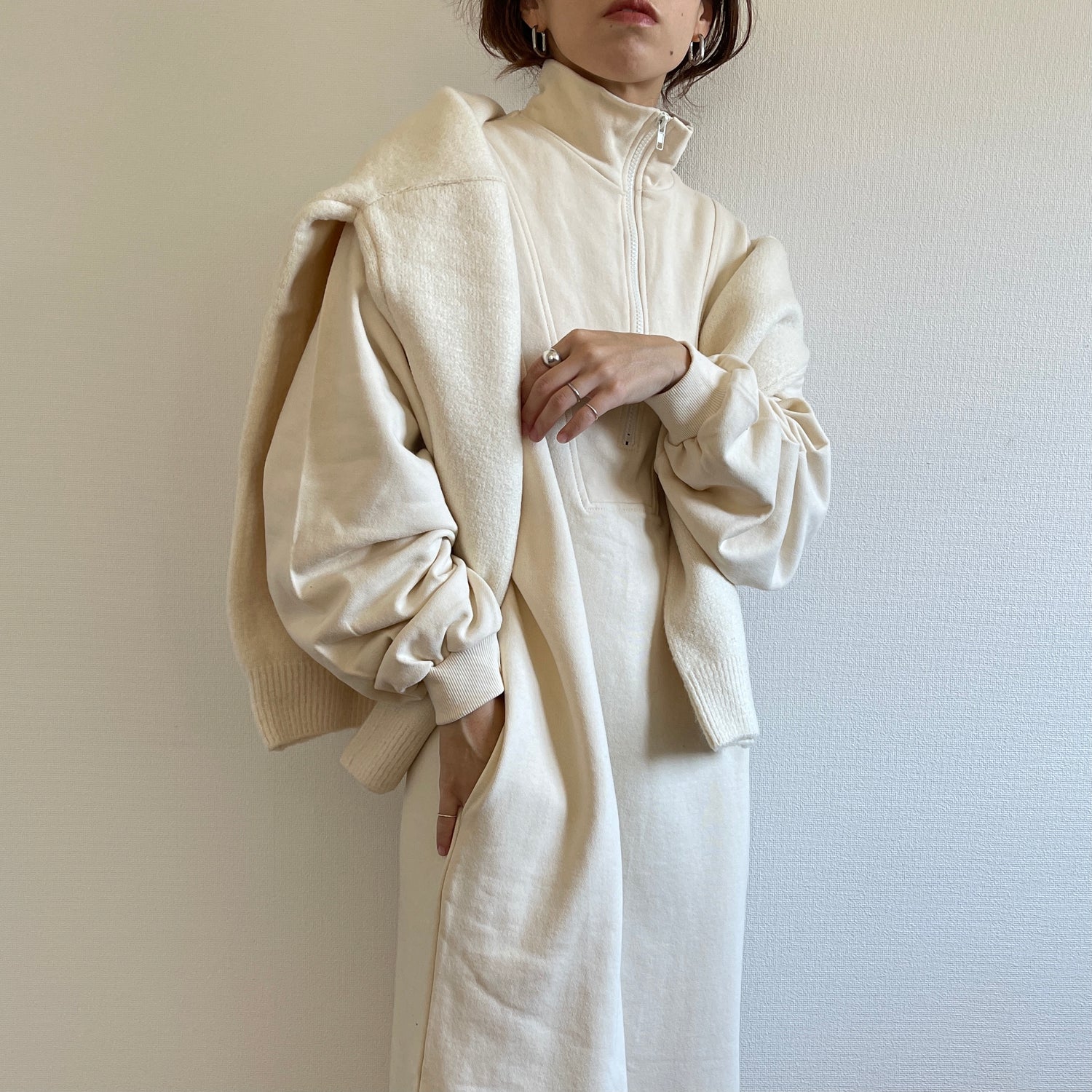 high neck half zip up sweat one piece / ivory [3size] （ハイネック