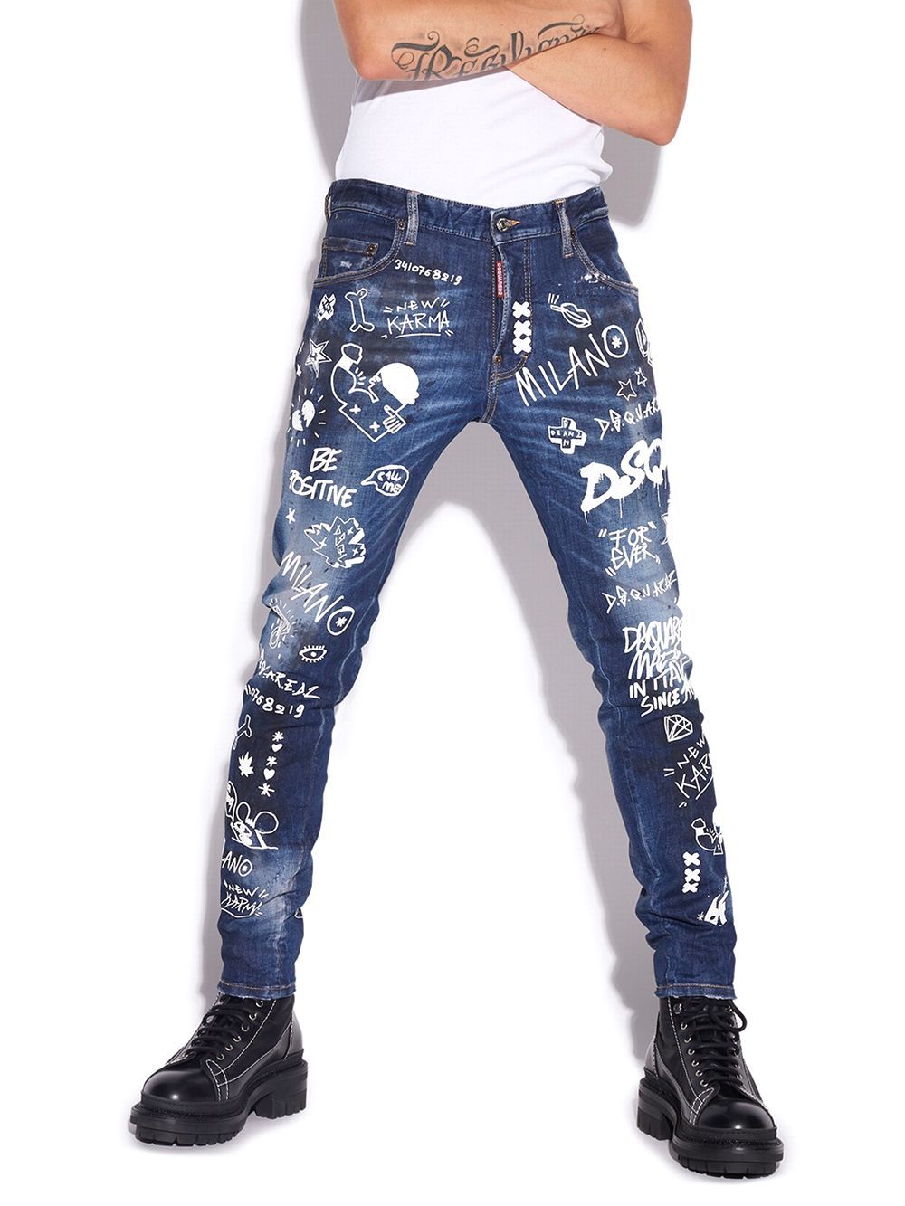 Dsquared2 - DARK GRAFFITI WASH SKATER DENIM JEANS スケーター