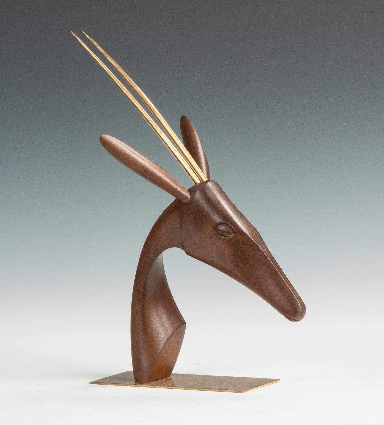 Karl Hagenauer (Austrian, 1898-1956) Carved Walnut & Brass Gazelle