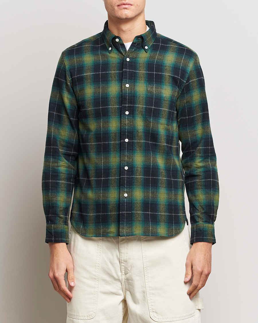 BEAMS PLUS Shaggy Flannel Button Down Shirt Green Check at