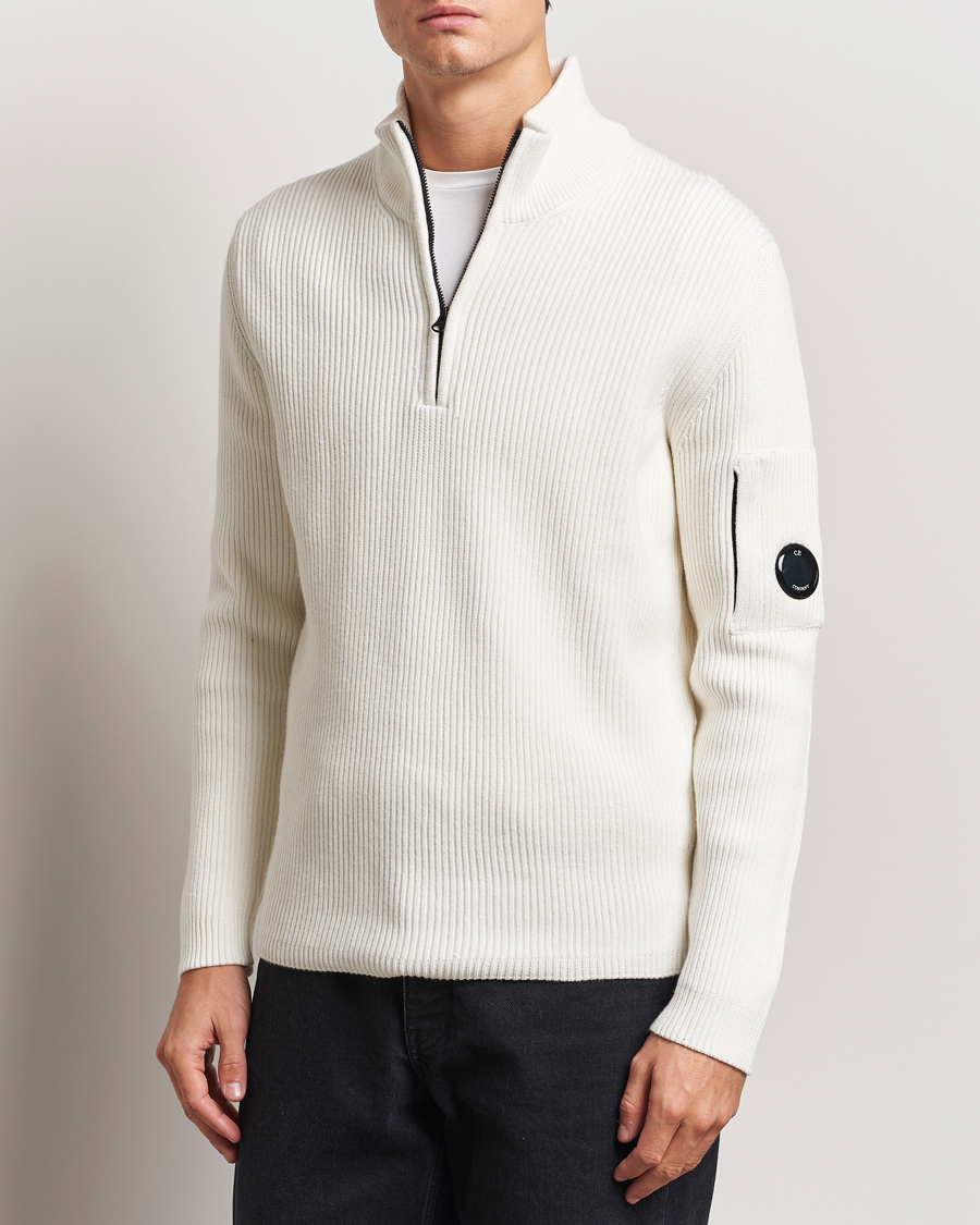 C.P. Company Full Rib Knitted Cotton Half Zip Off White at