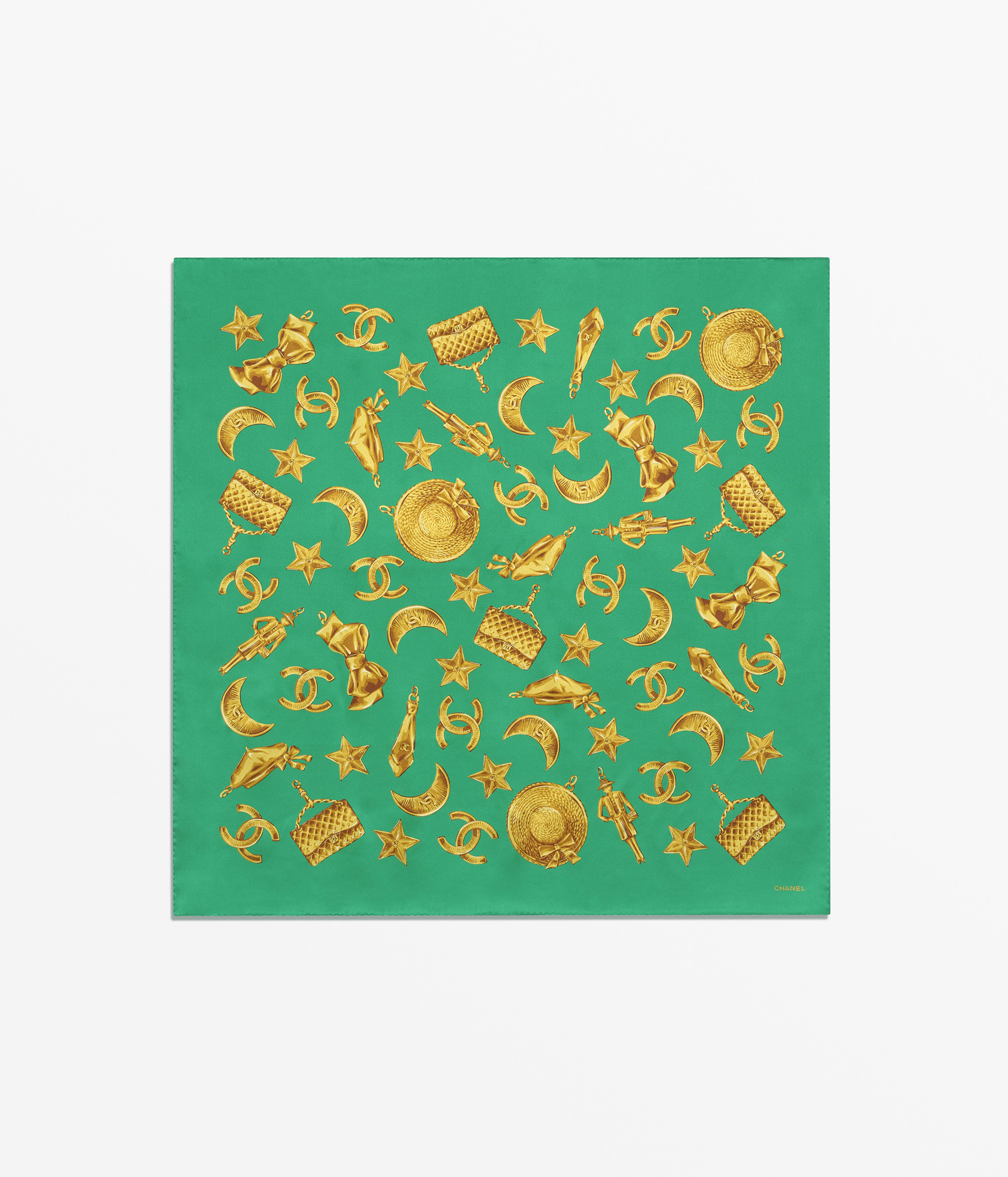Square scarf - Silk satin, green & gold — Fashion | CHANEL