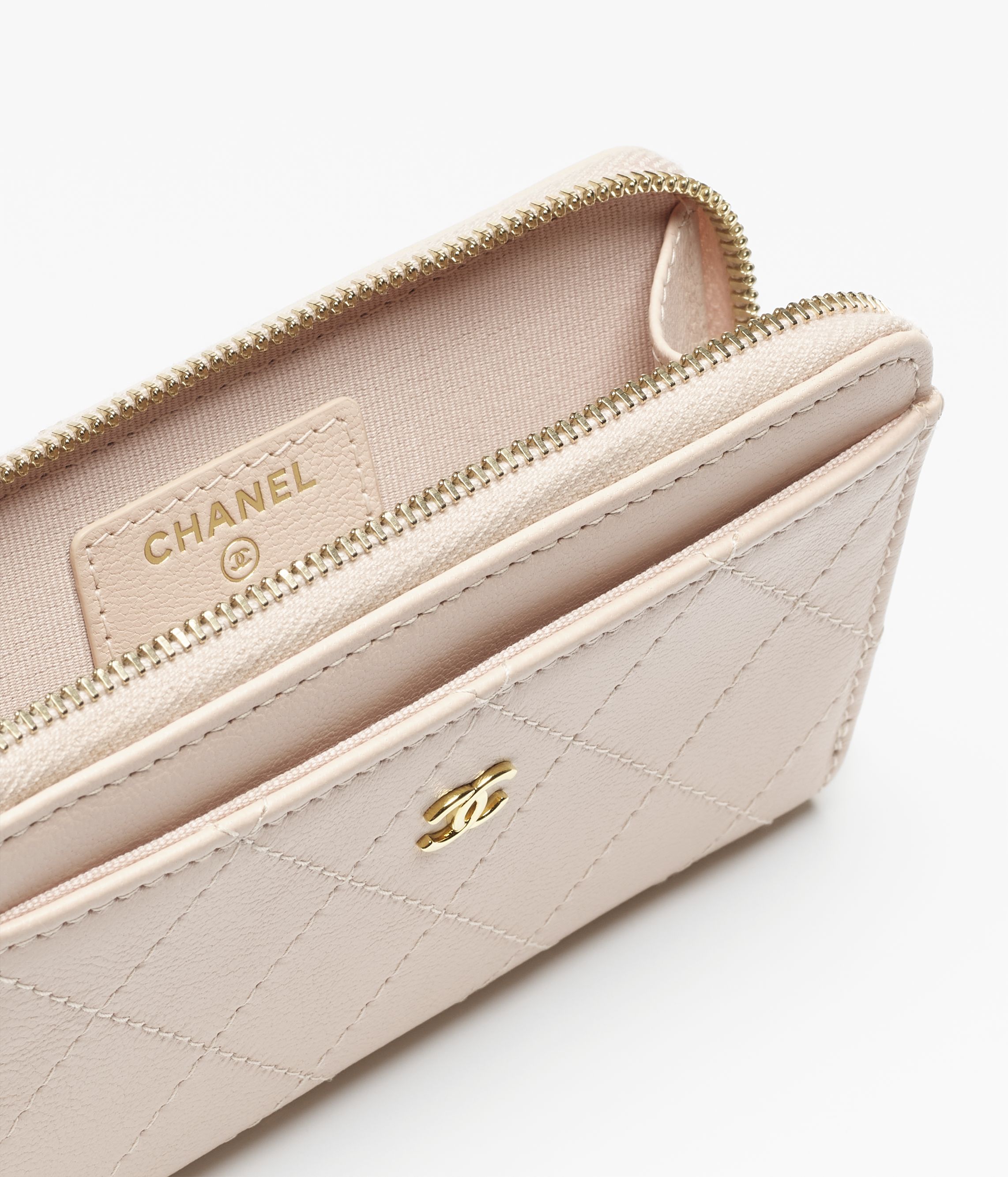 ジップ カードケース - グレインド ゴートスキン、ベージュ