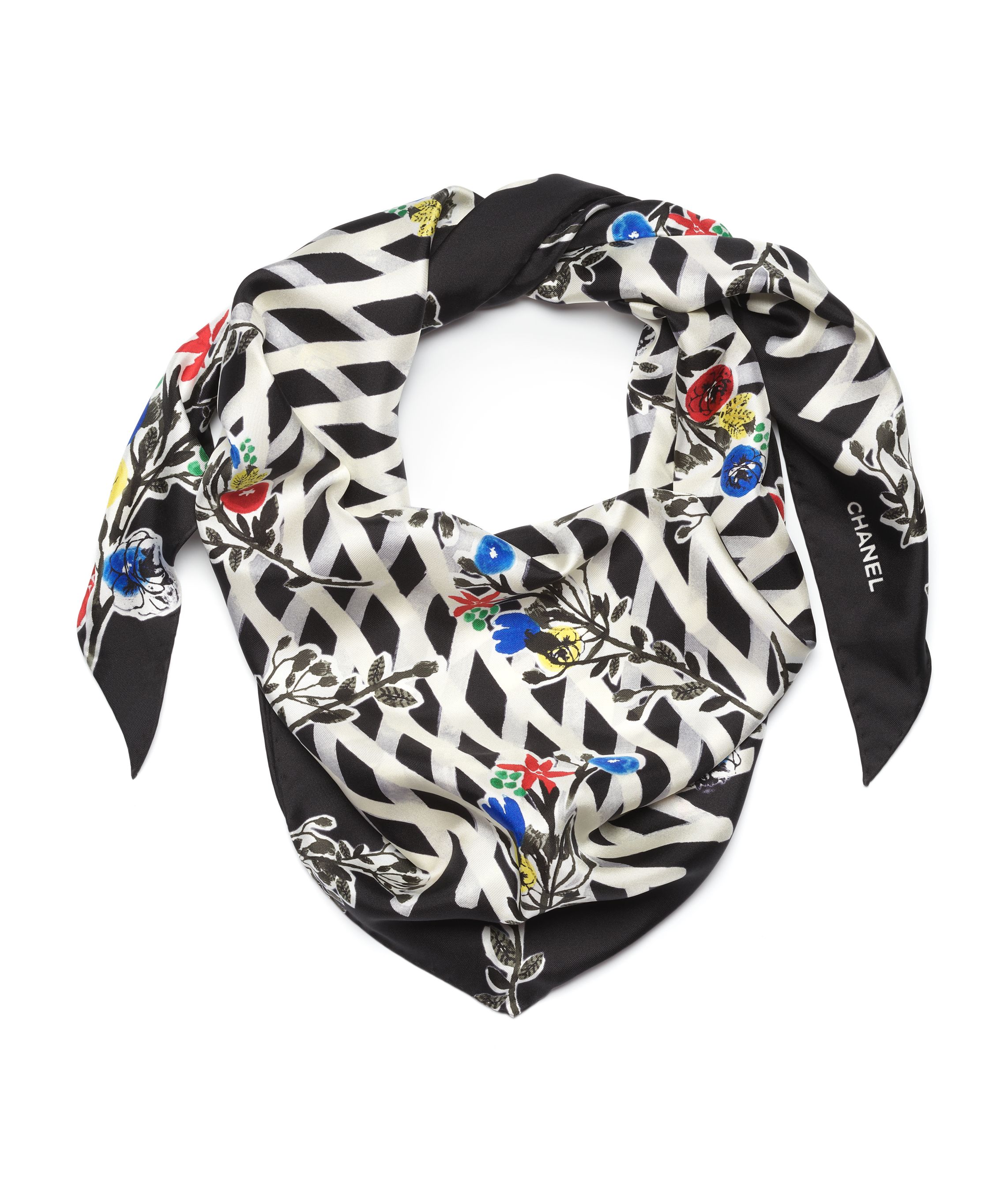 スカーフ - シルク ツイル、ブラック、エクリュ、ブルー & レッド