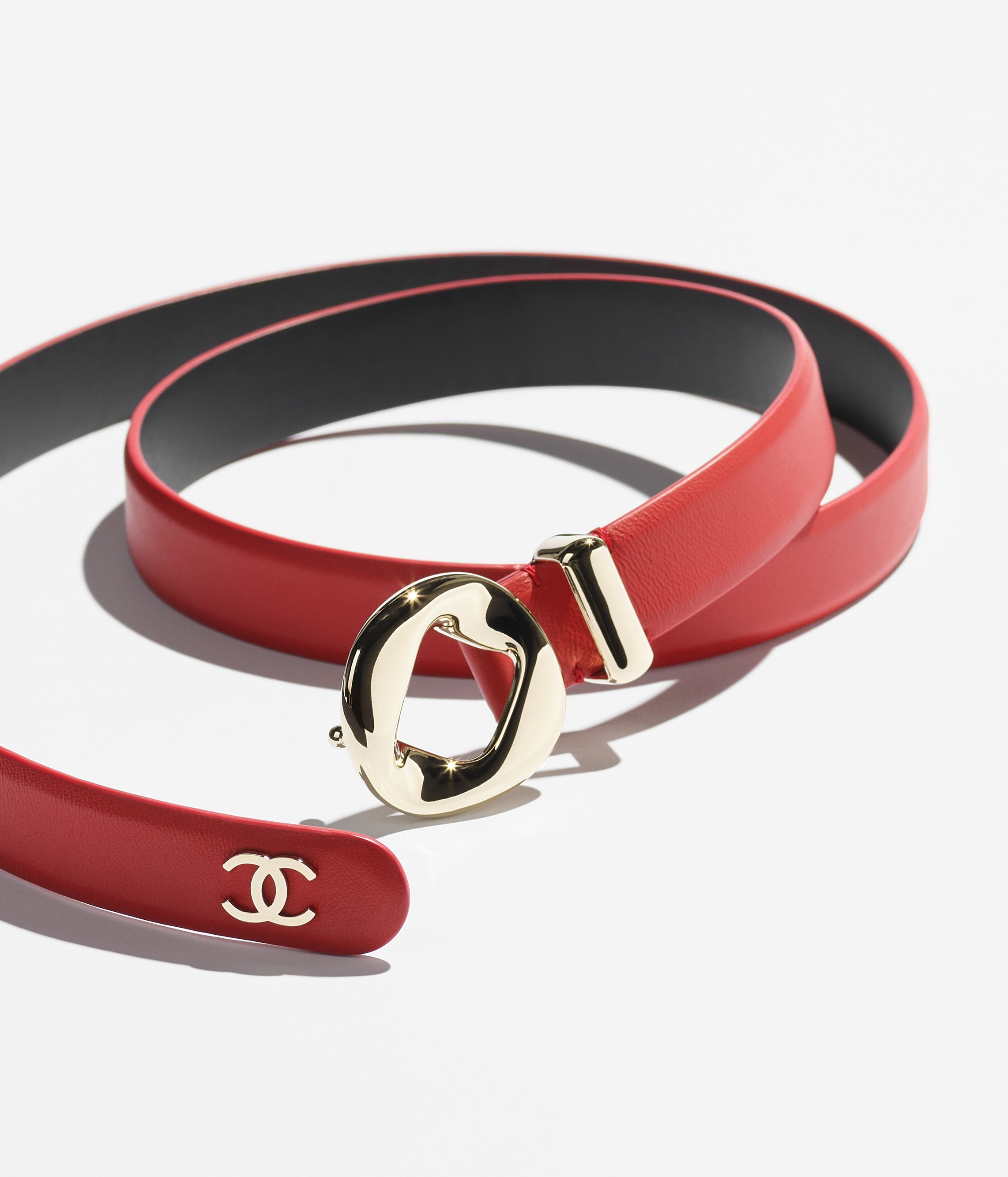 レザー ベルト - カーフスキン、レッド & ライトゴールド