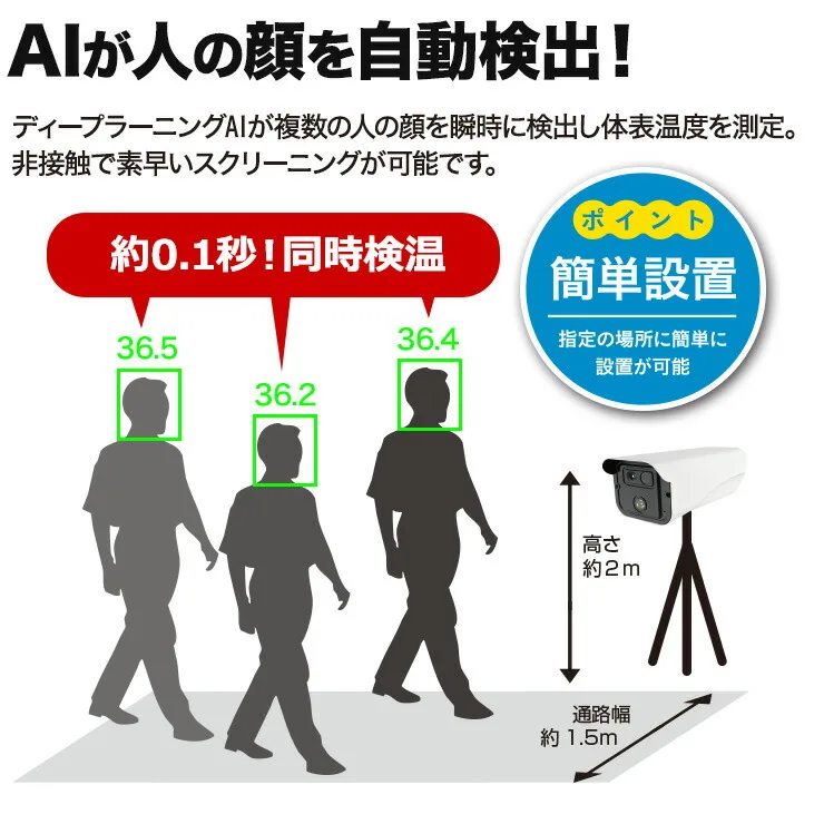 最大9名同時測定! AI顔認証 体表面温度測定サーマルカメラ TM6602/防犯