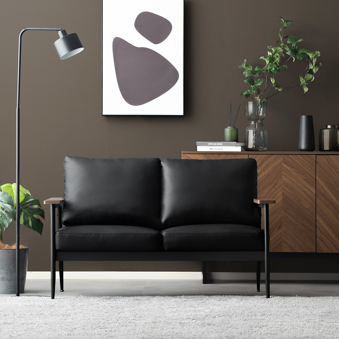 2人掛けレザーソファ ブラック スチール脚 Nolan | 家具・インテリア