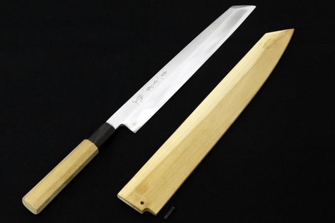 切付柳刃包丁 九寸半 霞 極上 切刃鏡面 水牛朴八角柄 白鞘付 【O622