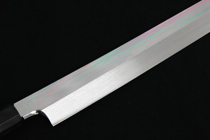 先丸蛸引包丁 尺 309mm 水本焼 白一鋼 平鏡面 水牛銀巻黒檀八角柄 O493