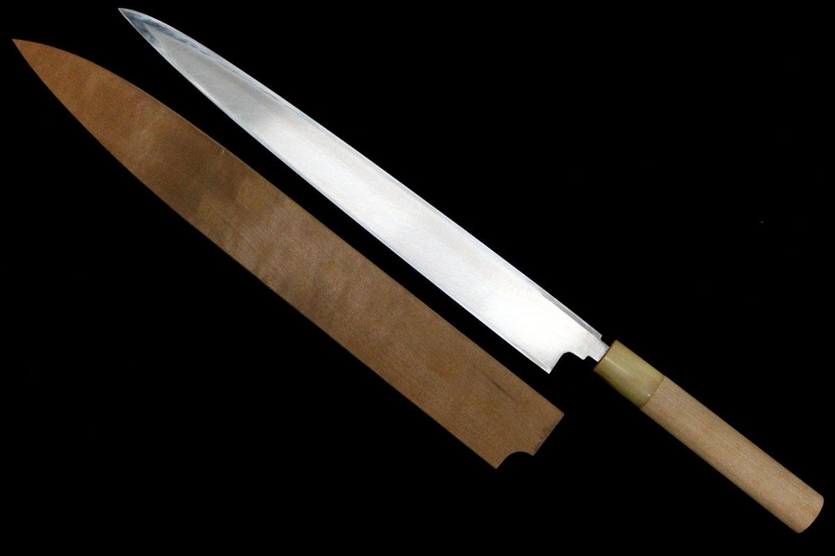 柳刃包丁 尺二 本焼 純日本鋼 切刃鏡面 朴柄 白鞘・箱付 λA5084-2L3A