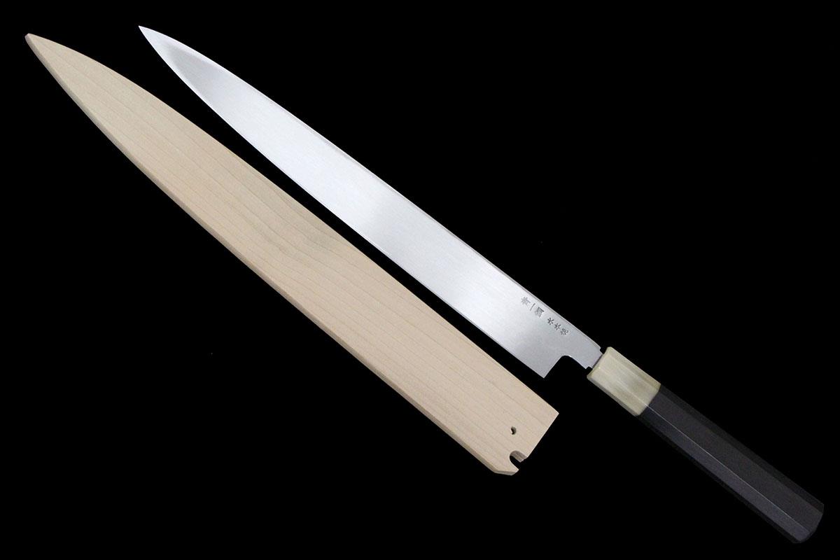 柳刃包丁 水焼本焼 尺 青一鋼 平鏡面 黒檀柄 白鞘・箱付 KN02-A9987