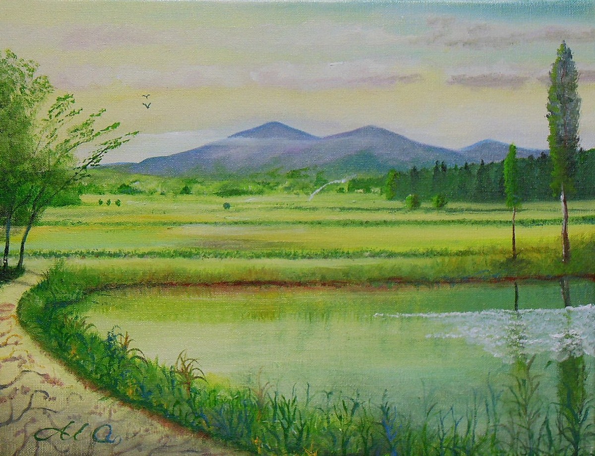 真作絵画 絵画 油彩SM（板絵） 田園風景 温もりあふれる郷愁の風景 V192