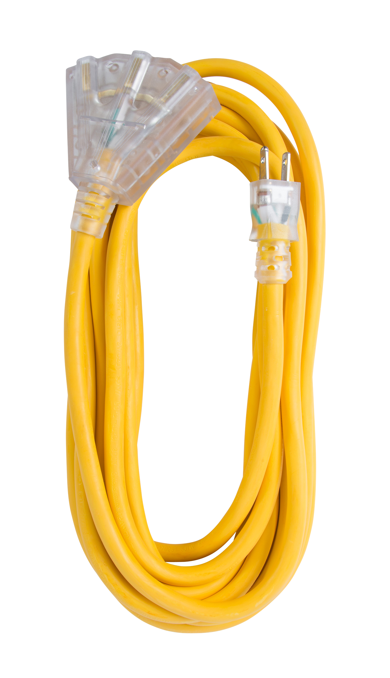 Extension Cord 25ft SJTW Yellow 12/3 Lighted End Triple Tap