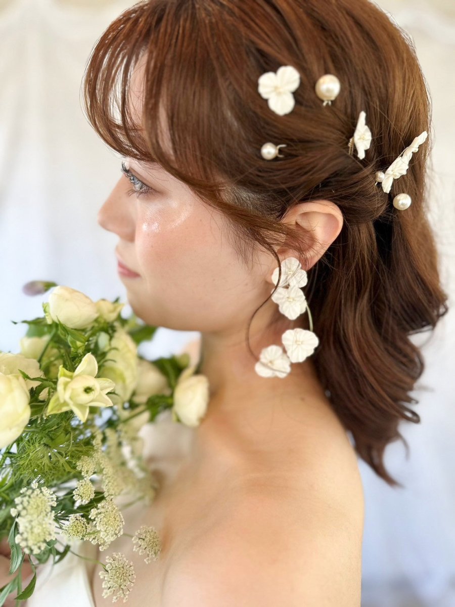 ホワイトフラワーブライダルピン5本セット ハーフツイン ヘッドパーツ