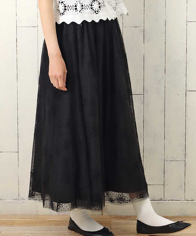 フロッキー刺繍2WAYスカート スカート 2WAY オフホワイト ブラック