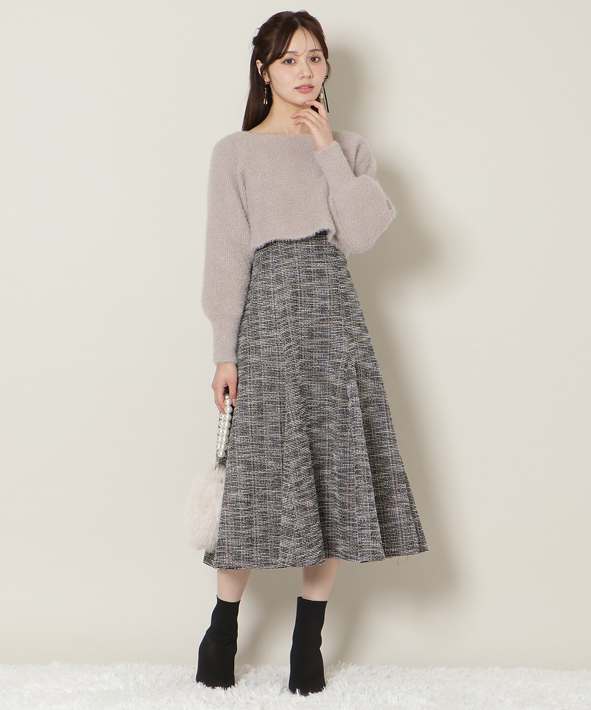 カットツイードワンピース×フェザーニットSET(F ベージュ