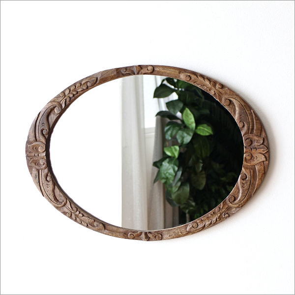 鏡 壁掛け 木製 ミラー 高さ70cm 楕円 彫刻 玄関 洗面 ウォールミラー