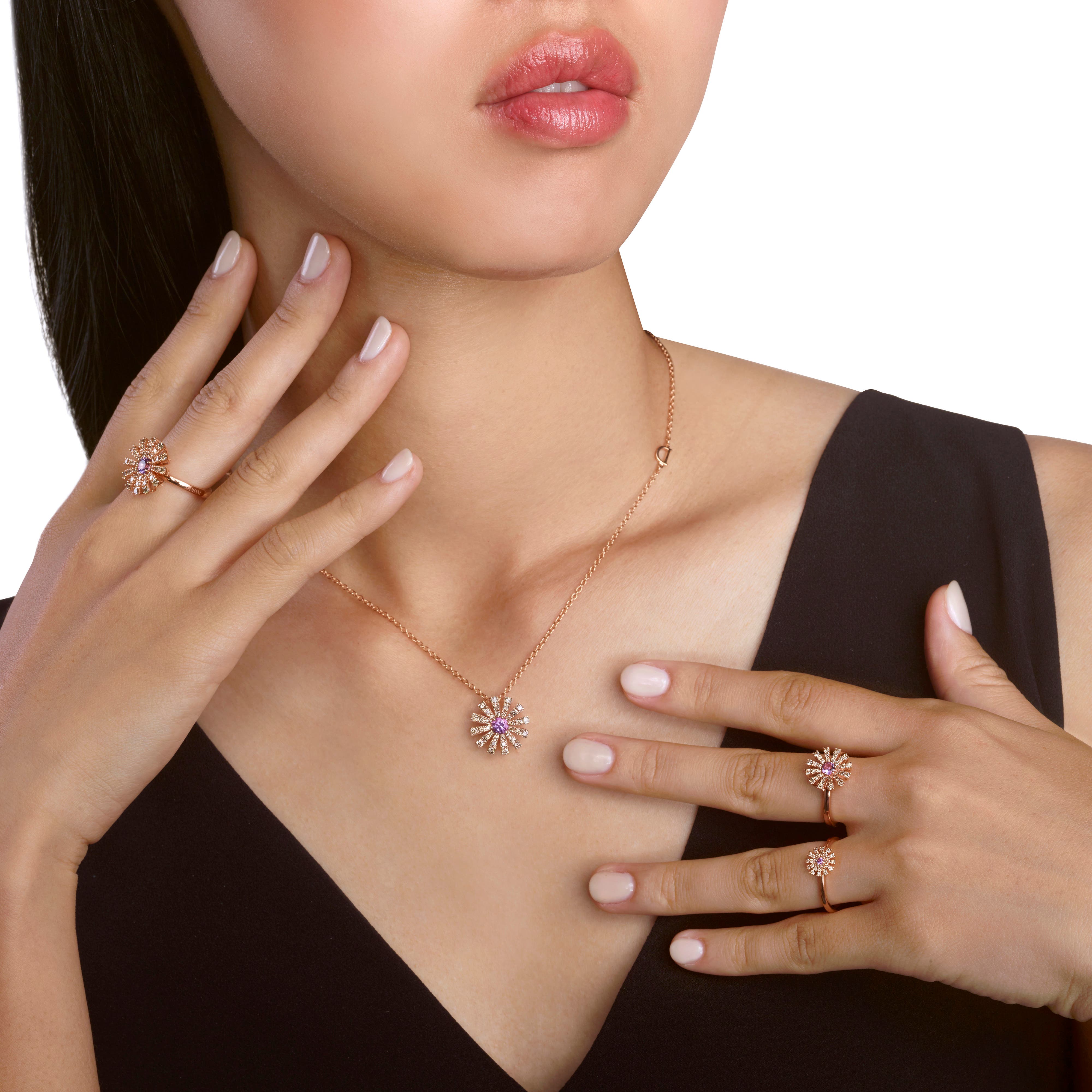 ピンクゴールド、ブラウンダイヤモンド、アメシスト リング 12mm