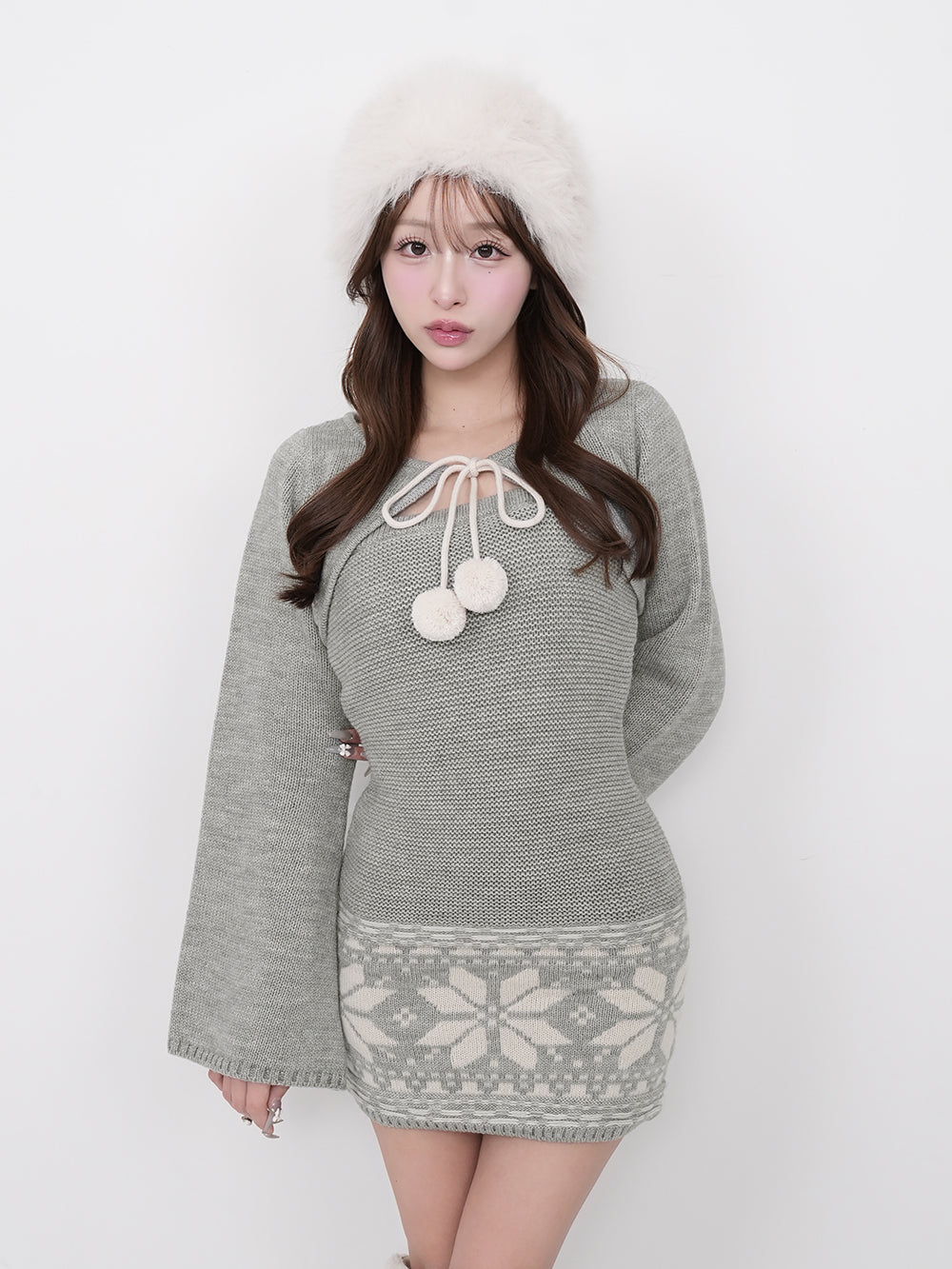 予約商品】ウエストオープンリボンデザインニットミニワンピース