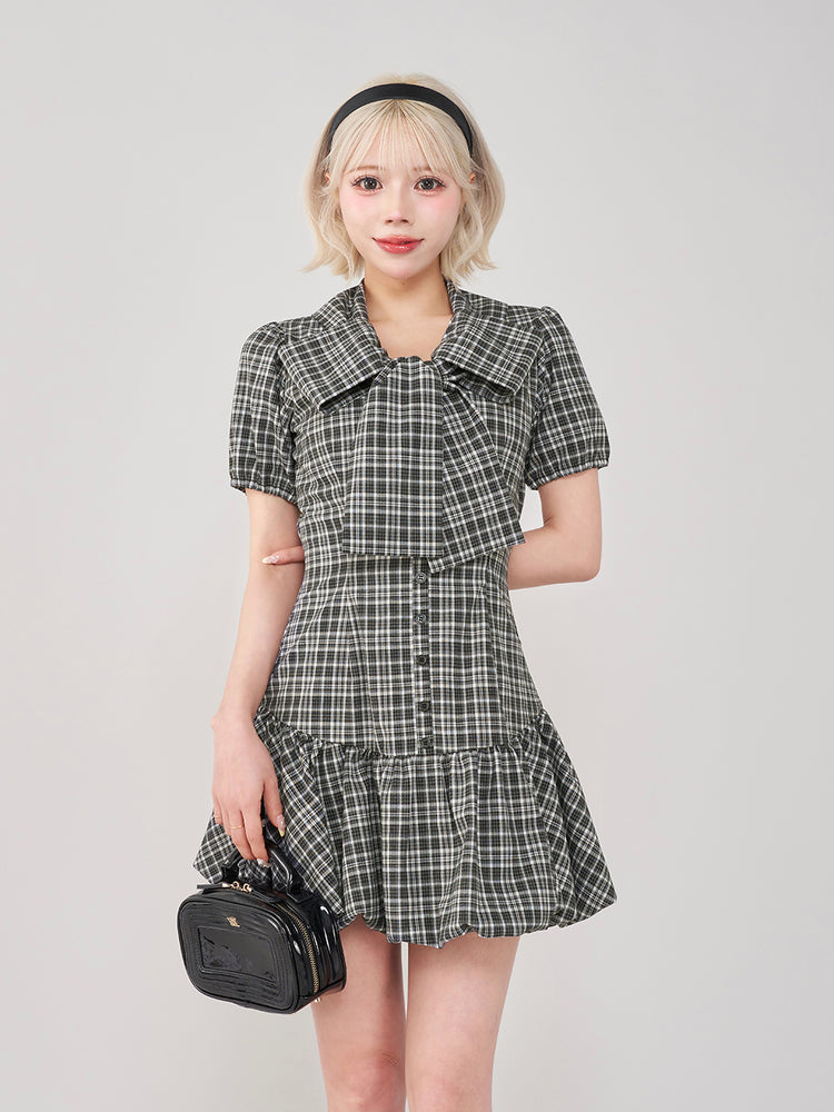 Darich ダーリッチビッグリボンバルーンチェックミニワンピースBEG