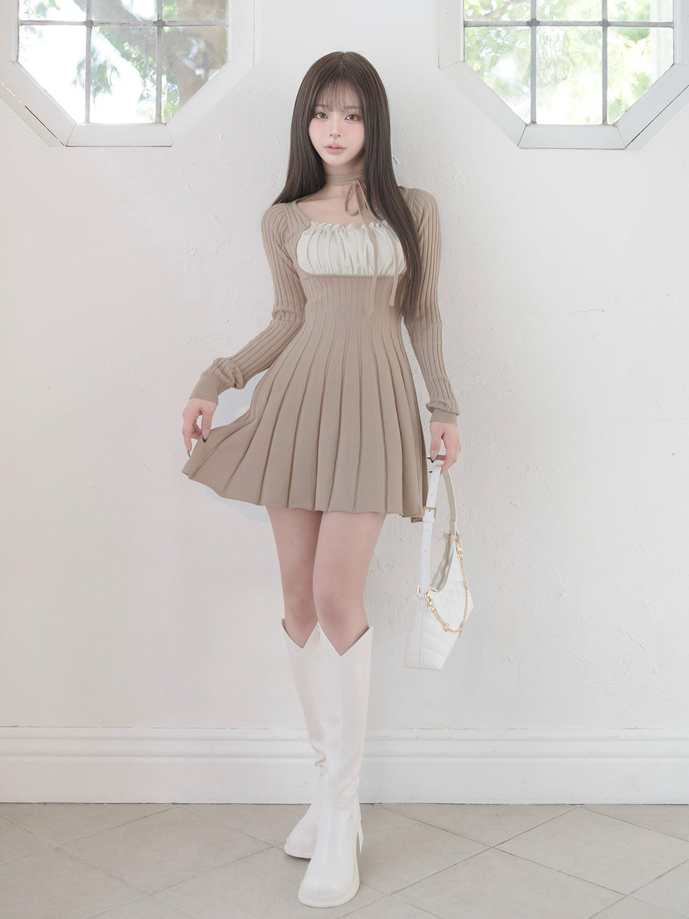 ネックリボンデザインフレアニットミニワンピース – Darich (ダーリッチ)