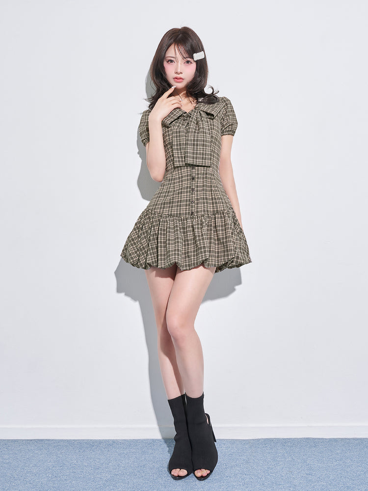 Darich ダーリッチビッグリボンバルーンチェックミニワンピースBEG