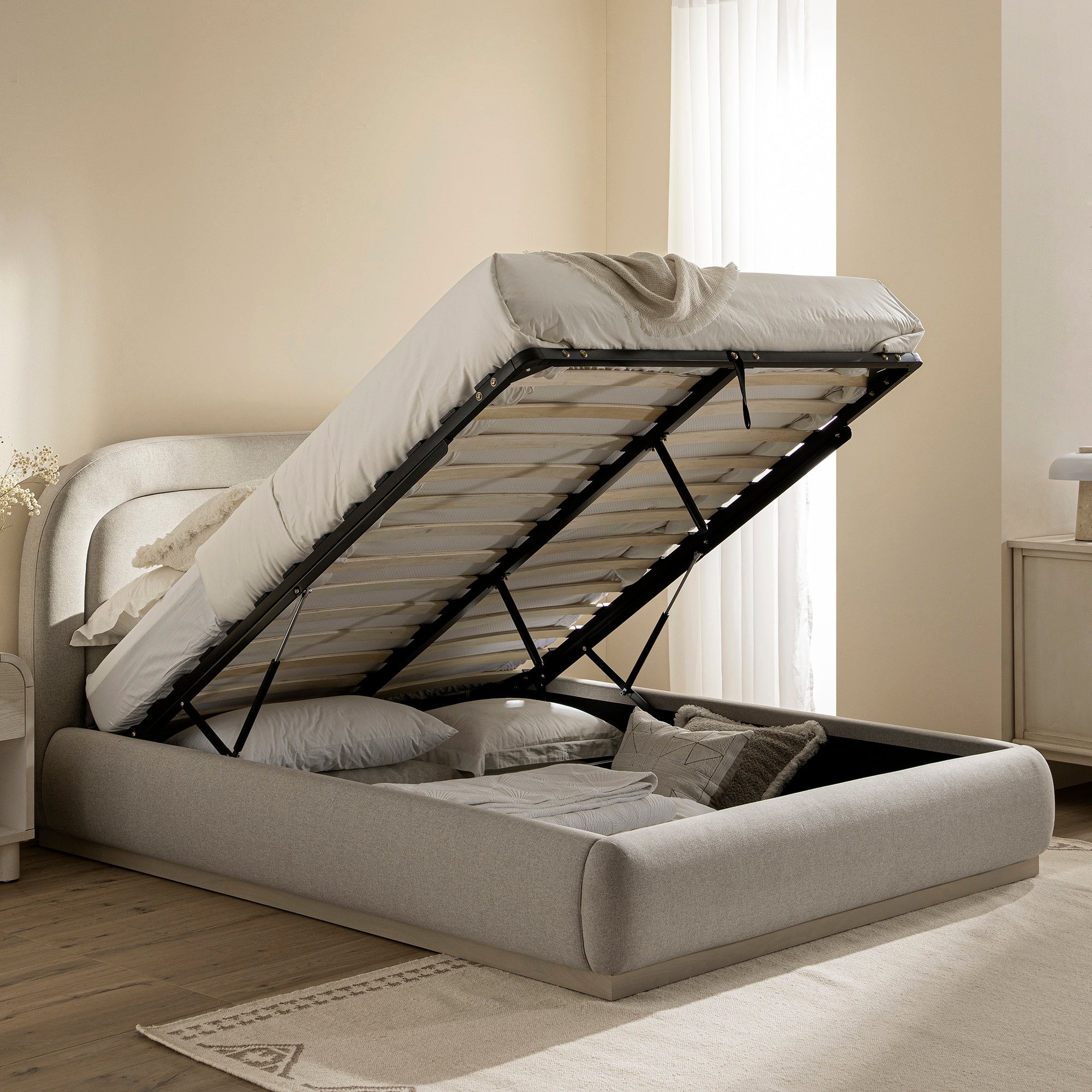 Luella Upholstered Wooden Plinth Base Storage Bed, Sand Fabric | daals