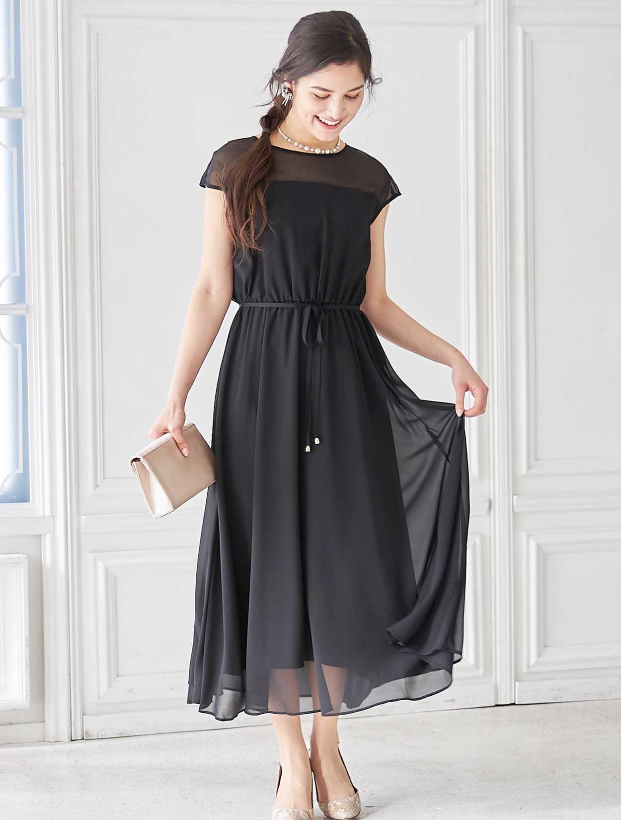 M】オーガンジー胸元透かしミディ丈ドレス（ブラック）DPSET0358の