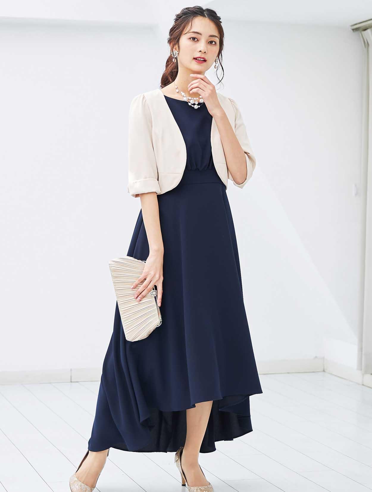 M】ウエストギャザーフィッシュテールドレス（ネイビー）DPSET0173の