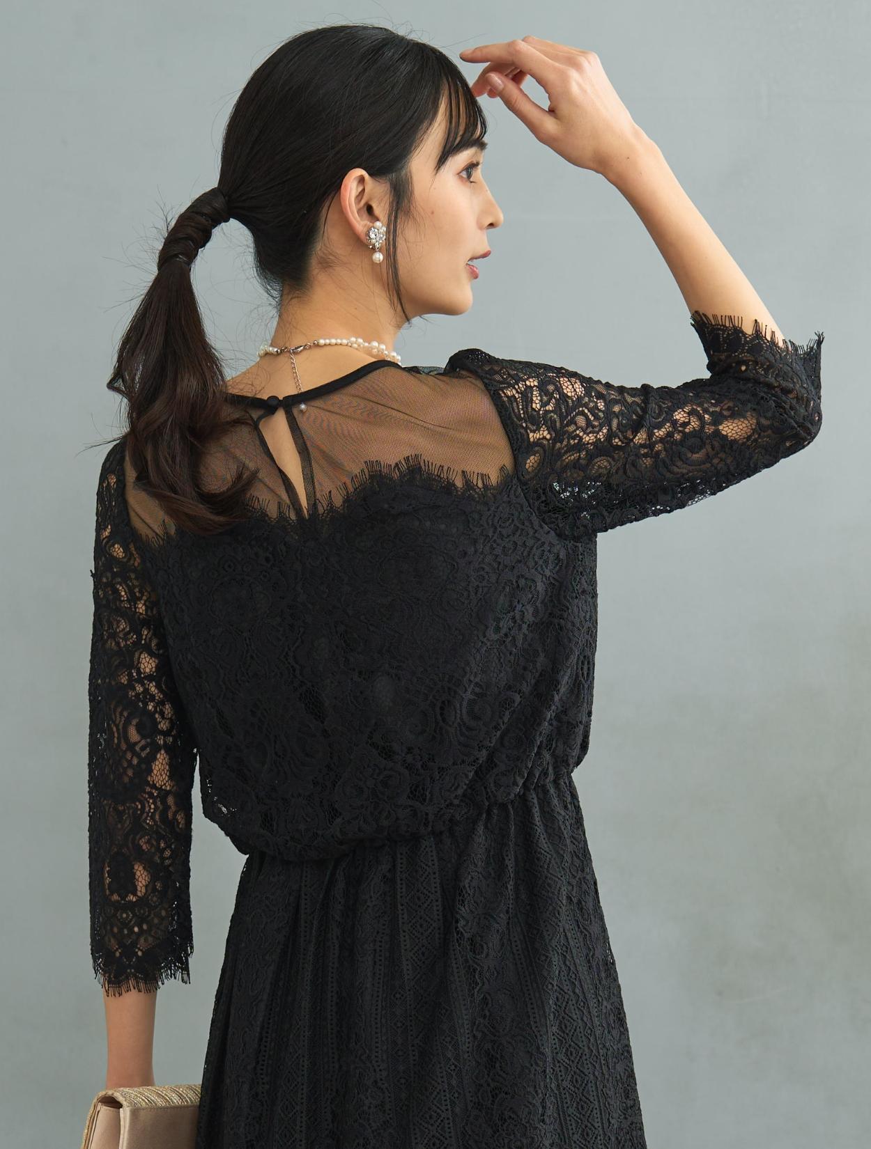 M】スカラップレースロングドレス（ブラック）DPSET0605のレンタル