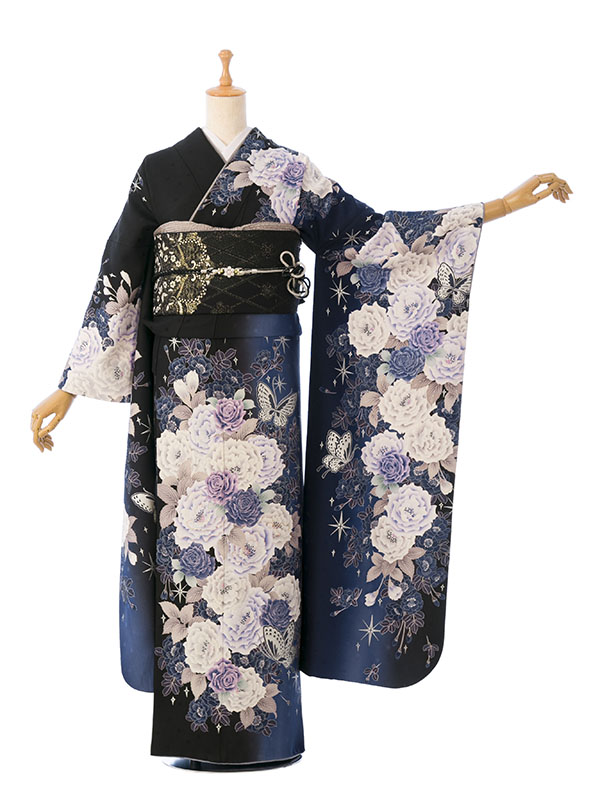 振袖|黒系|星 薔薇|対応身長:153-165cm|ｻｲｽﾞ:7号-13号|6S615｜全国宅配