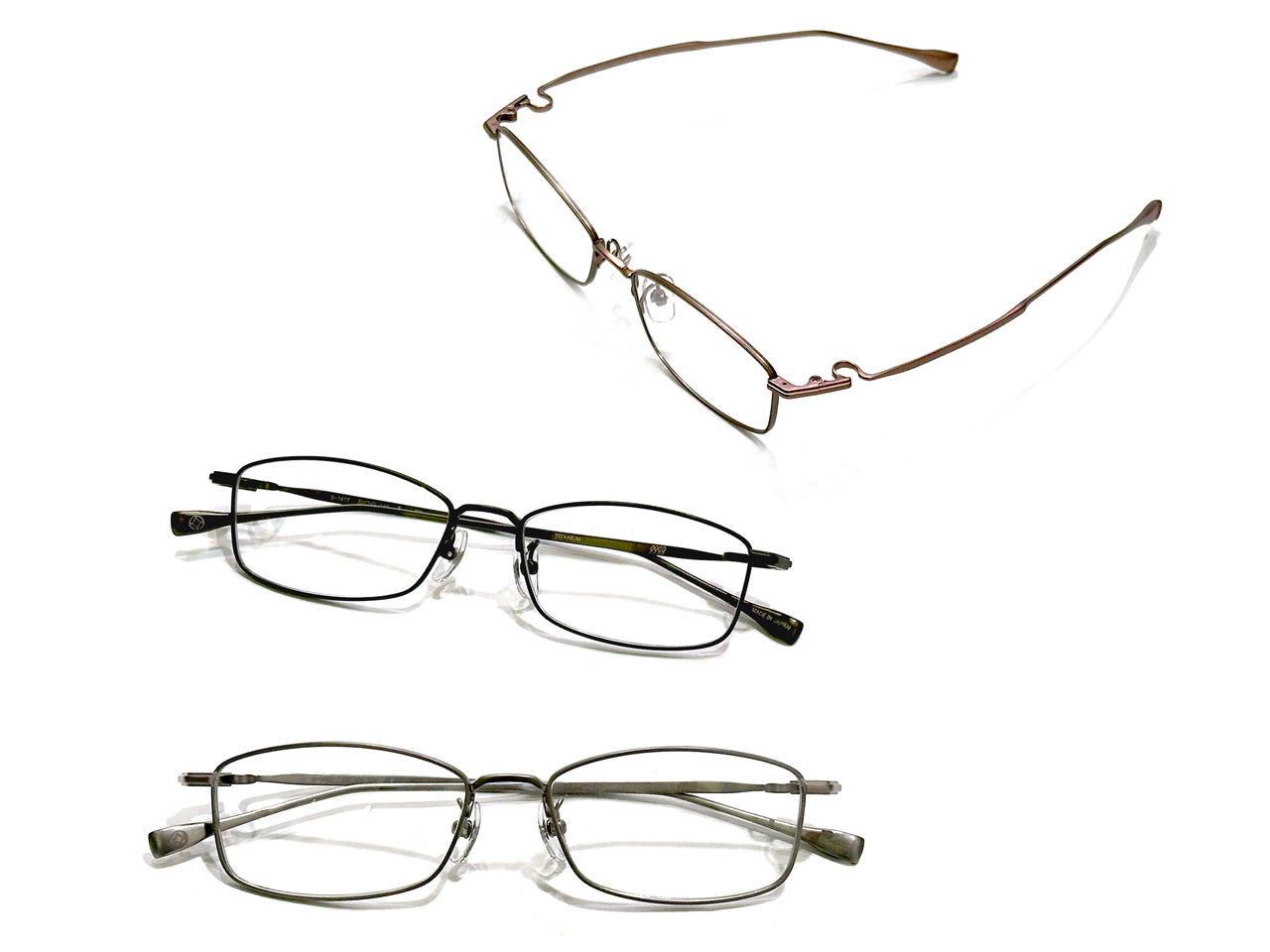 テンプルエンドまでオールチタン。999.9 スクエアメタル眼鏡フレーム