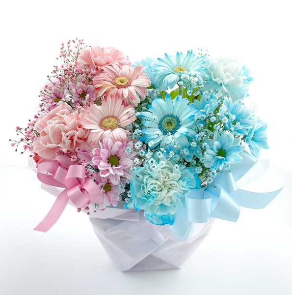 還暦祝いの花＞フラワーアレンジメント *ターコイズ＆ピンク